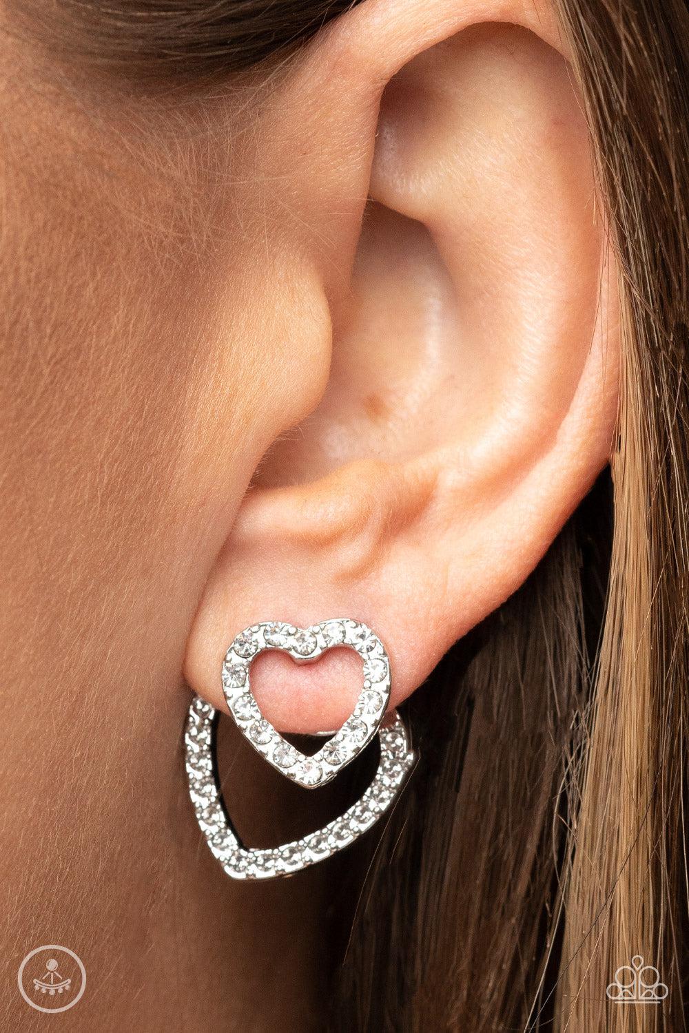 Ever Enamored White Rhinestone Heart Jacket Earrings - Paparazzi Accessories- on model - CarasShop.com - Paparazzi Jewelry by Cara Jewels