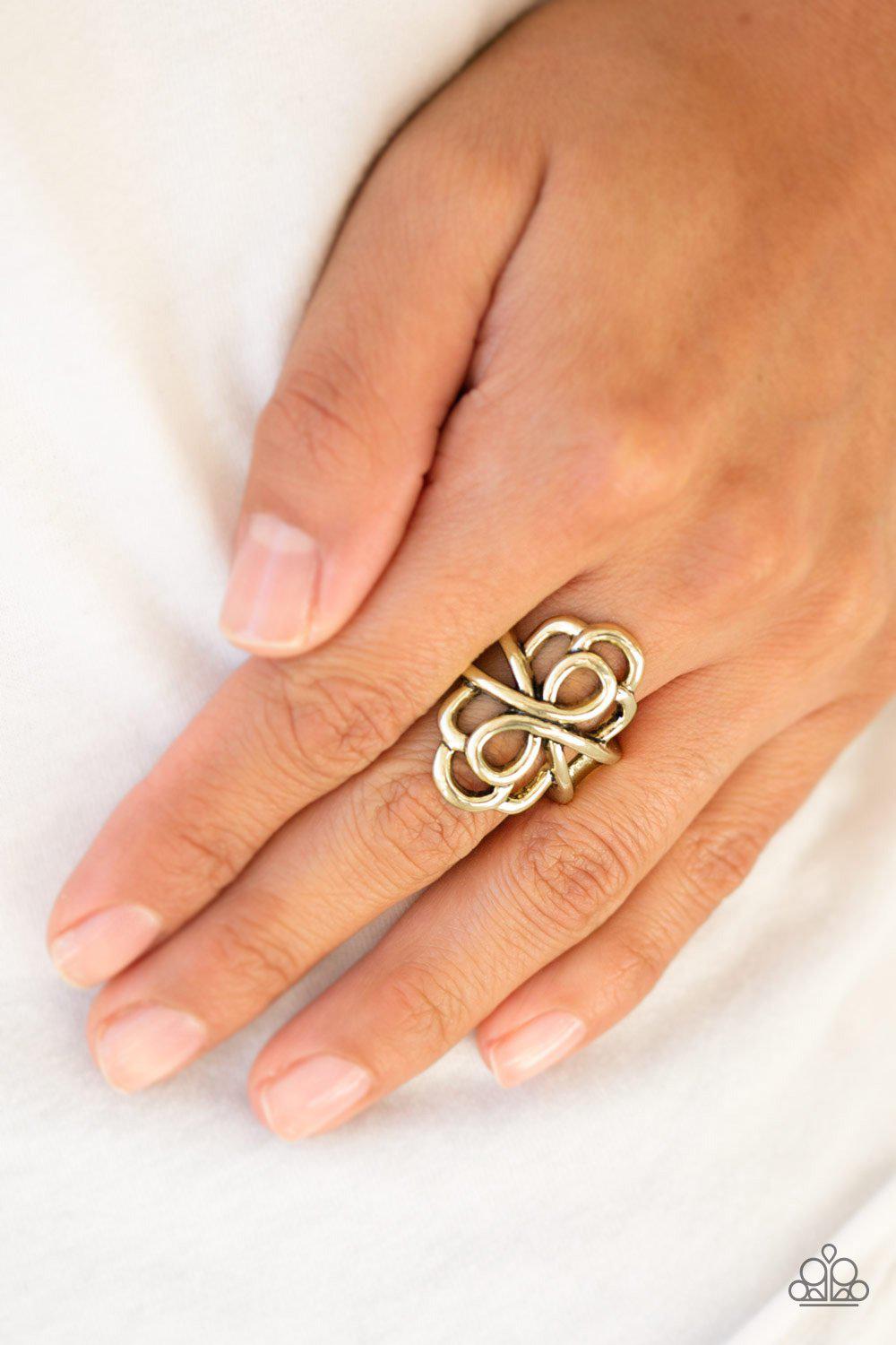 Ever Entwined Brass Ring - Paparazzi Accessories- on model - CarasShop.com - Paparazzi Jewelry by Cara Jewels