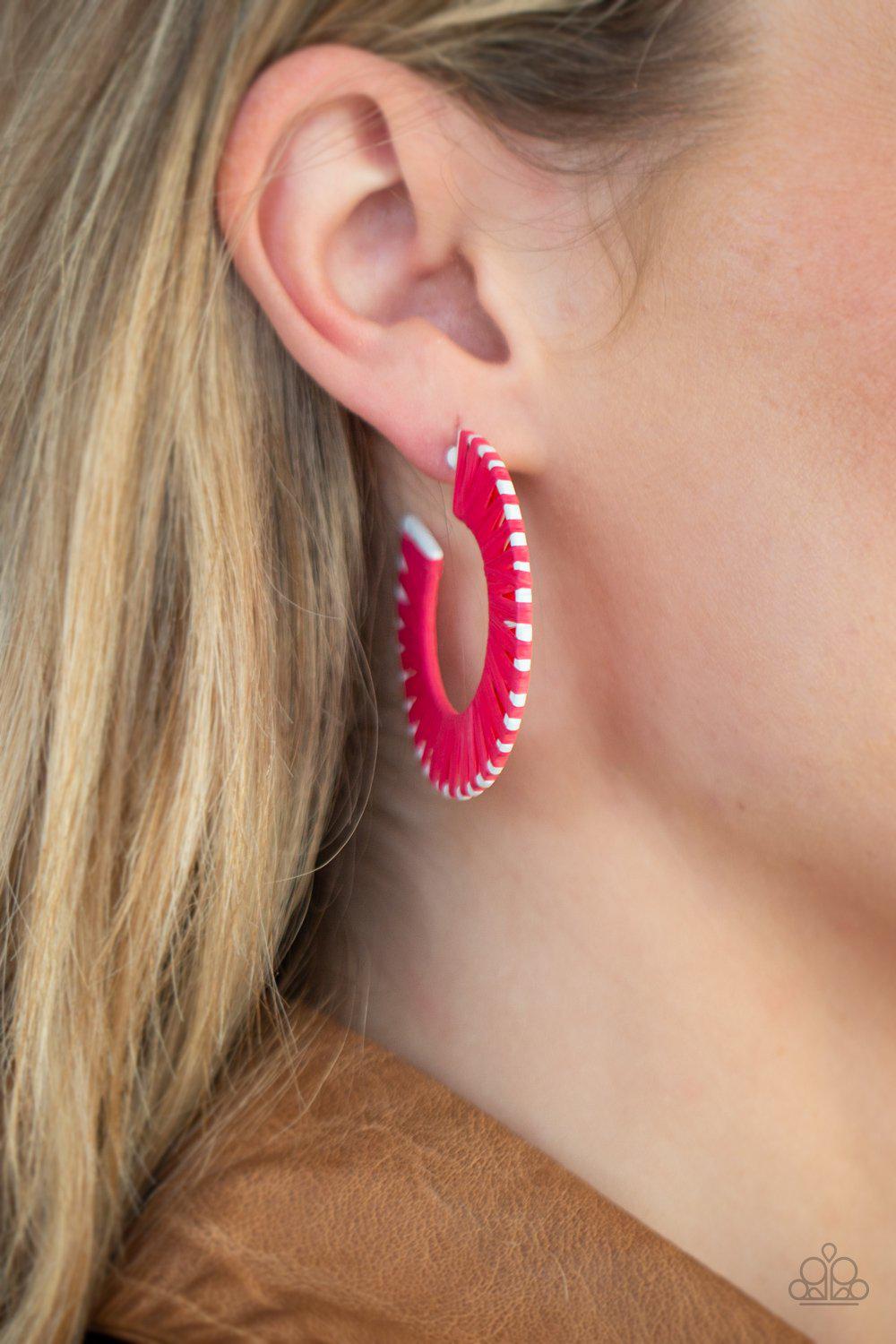 Everybody Conga Pink Wicker Hoop Earrings - Paparazzi Accessories- on model - CarasShop.com - Paparazzi Jewelry by Cara Jewels