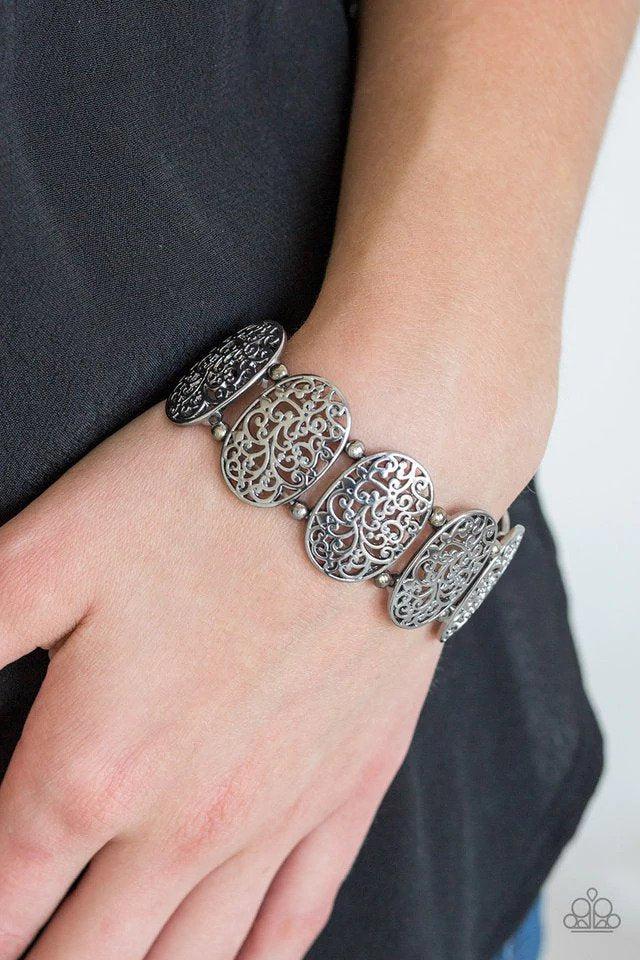 Everyday Elegance Black Filigree Bracelet - Paparazzi Accessories- on model - CarasShop.com - Paparazzi Jewelry by Cara Jewels