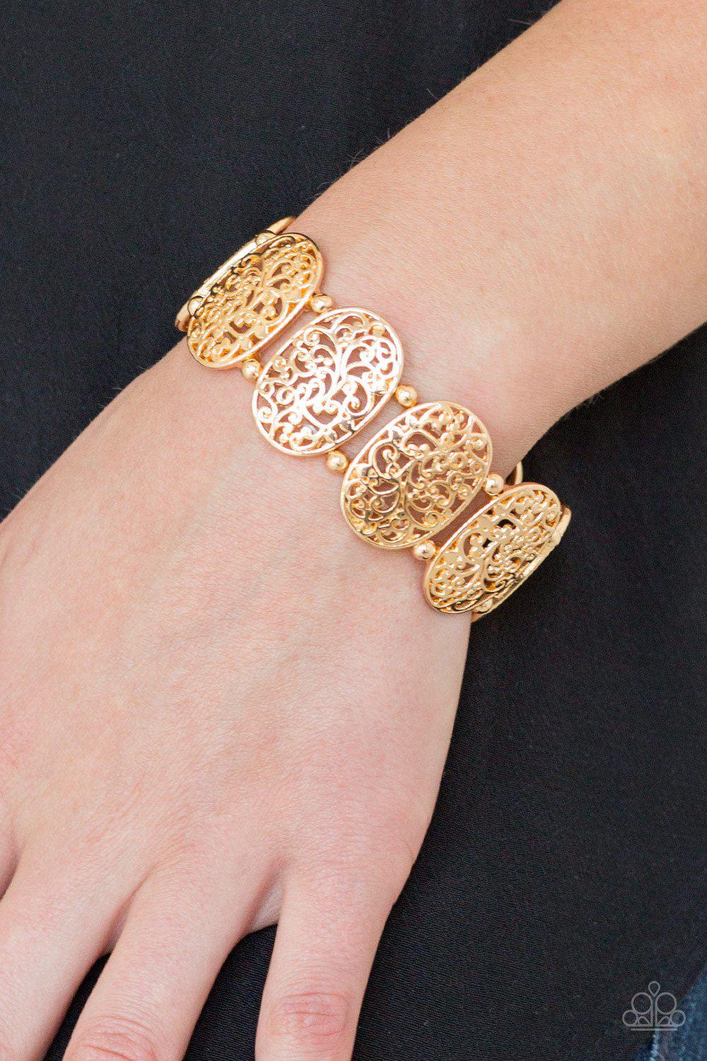 Everyday Elegance Gold Filigree Bracelet - Paparazzi Accessories- on model - CarasShop.com - Paparazzi Jewelry by Cara Jewels