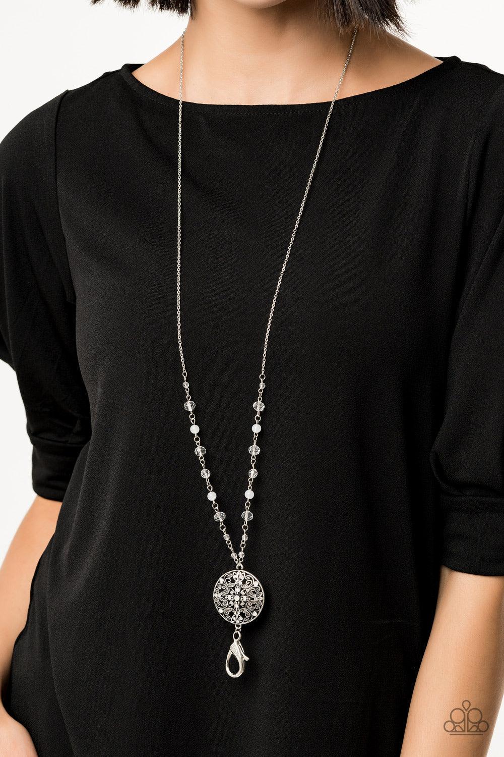 Everyday Enchantment White Lanyard Necklace - Paparazzi Accessories- on model - CarasShop.com - Paparazzi Jewelry by Cara Jewels