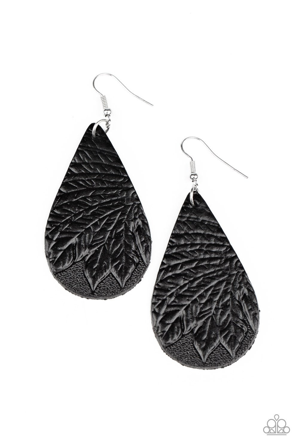 Everyone Remain PALM! Black Leather Earrings - Paparazzi Accessories- lightbox - CarasShop.com - Paparazzi Jewelry by Cara Jewels