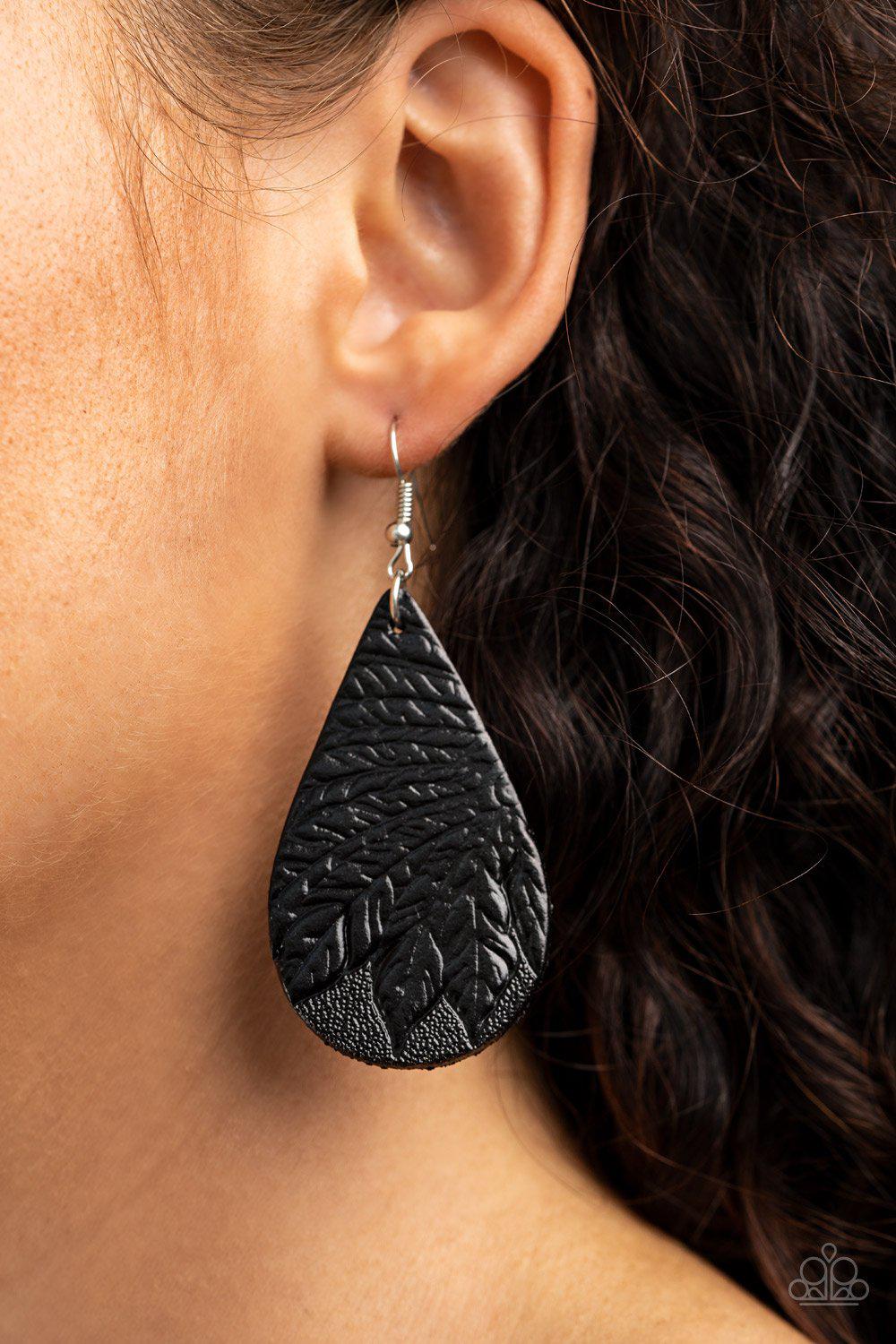 Everyone Remain PALM! Black Leather Earrings - Paparazzi Accessories- on model - CarasShop.com - Paparazzi Jewelry by Cara Jewels