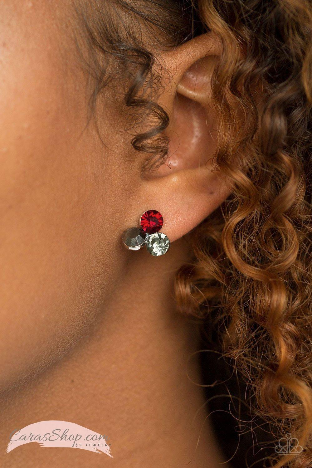 Everything Must GLOW! - Red Post Earrings - Paparazzi Accessories- on model - CarasShop.com - Paparazzi Jewelry by Cara Jewels