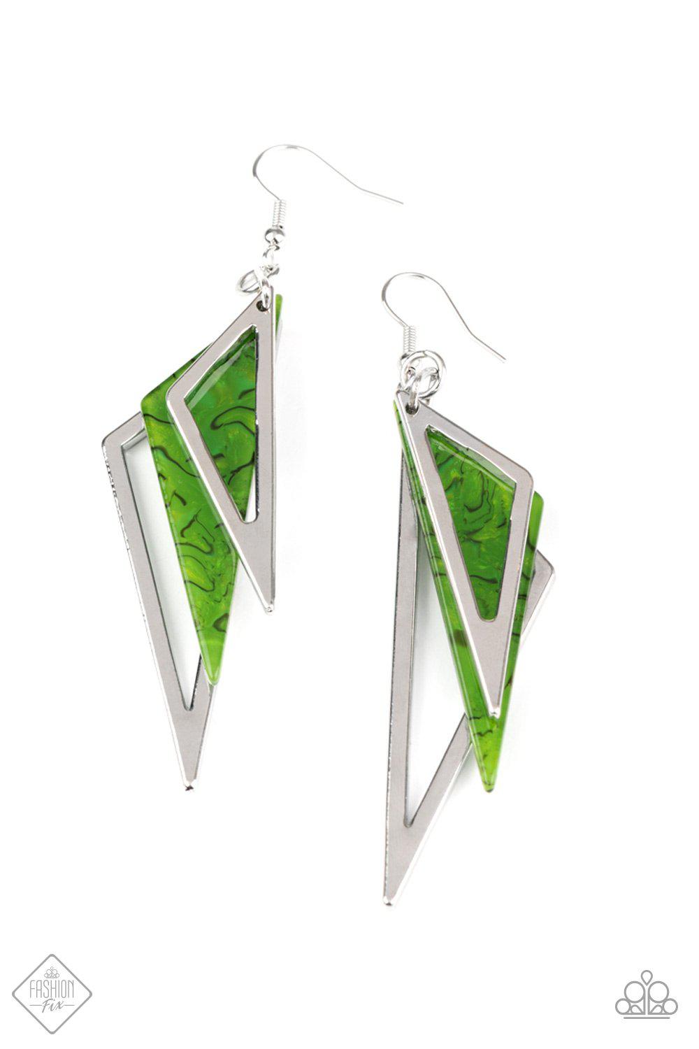 Evolutionary Edge Green Acrylic and Silver Abstract Earrings - Paparazzi Accessories- lightbox - CarasShop.com - Paparazzi Jewelry by Cara Jewels