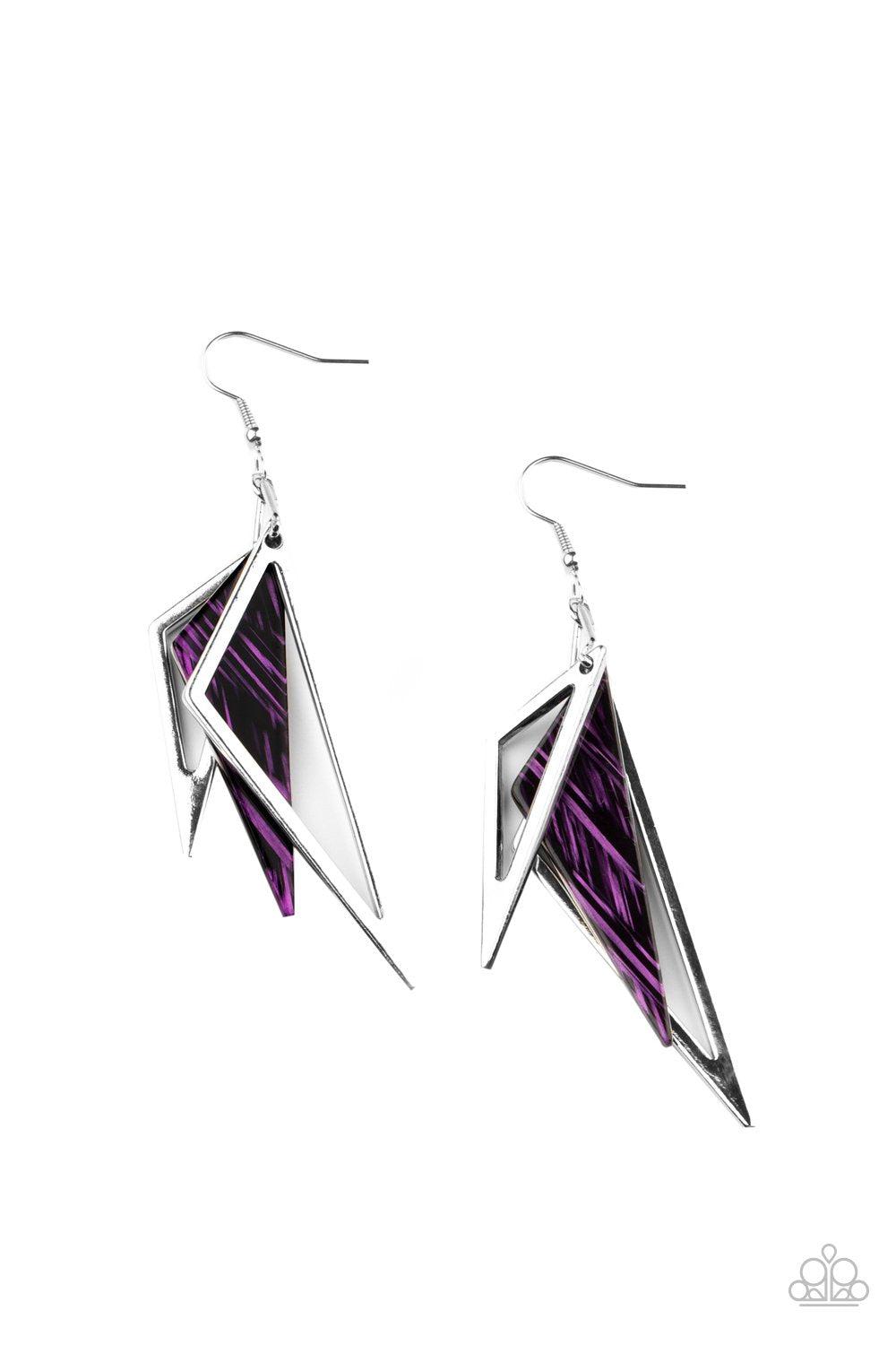 Evolutionary Edge Purple Acrylic and Silver Abstract Earrings - Paparazzi Accessories- lightbox - CarasShop.com - Paparazzi Jewelry by Cara Jewels
