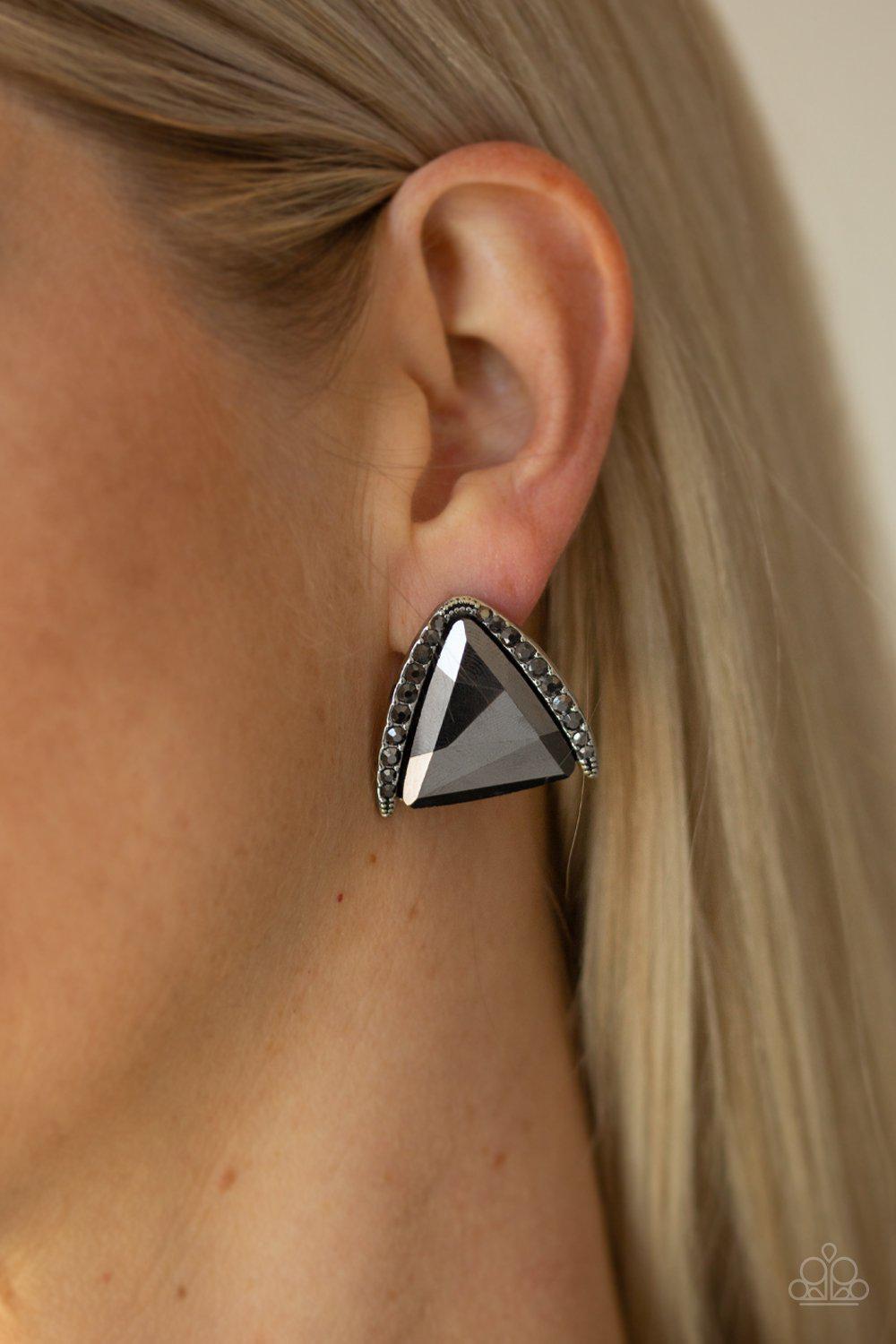 Exalted Elegance Silver Post Earrings - Paparazzi Accessories- on model - CarasShop.com - Paparazzi Jewelry by Cara Jewels