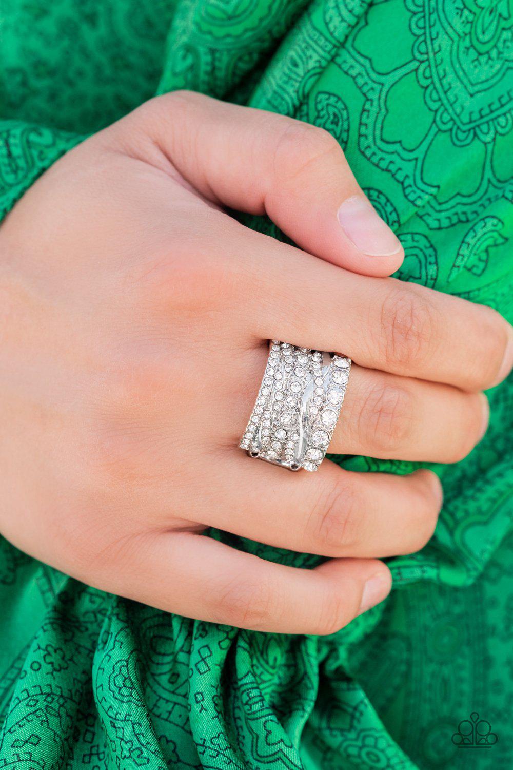 Exclusive Elegance White Rhinestone Ring - Paparazzi Accessories- lightbox - CarasShop.com - Paparazzi Jewelry by Cara Jewels
