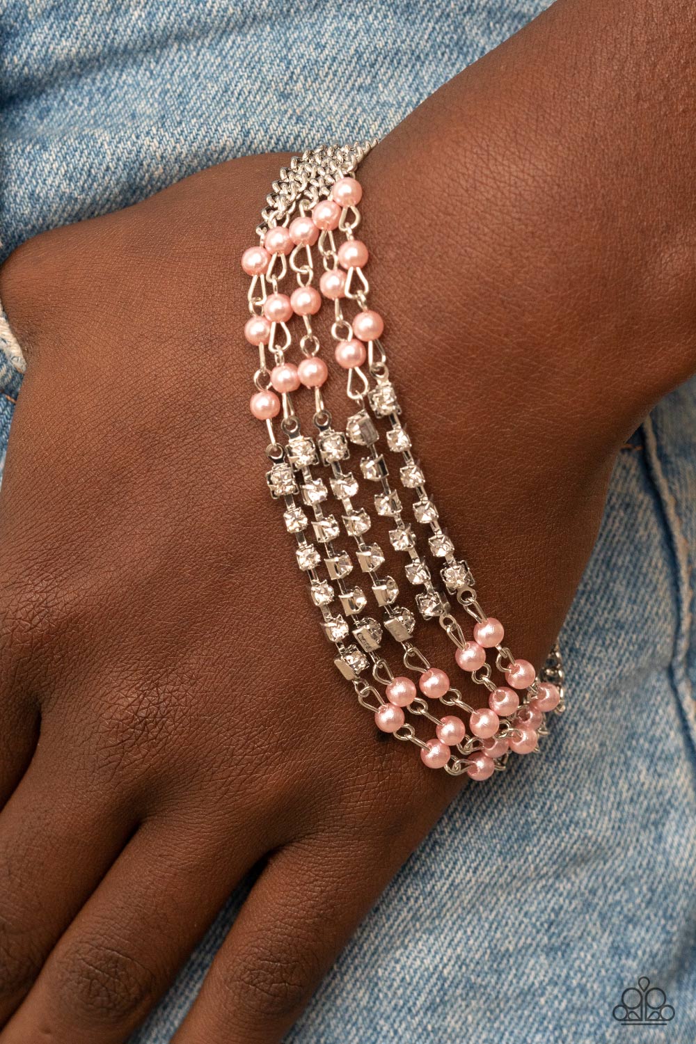 Experienced in Elegance Pink Pearl & White Rhinestone Bracelet - Paparazzi Accessories- lightbox - CarasShop.com - Paparazzi Jewelry by Cara Jewels