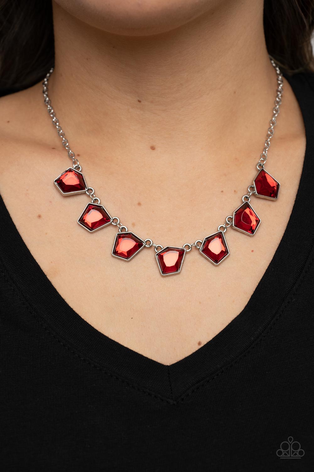 Experimental Edge Red Rhinestone Necklace - Paparazzi Accessories- on model - CarasShop.com - Paparazzi Jewelry by Cara Jewels
