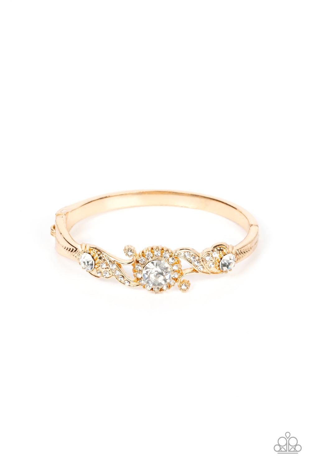 Expert Elegance Gold & White Rhinestone Bracelet - Paparazzi Accessories- lightbox - CarasShop.com - Paparazzi Jewelry by Cara Jewels