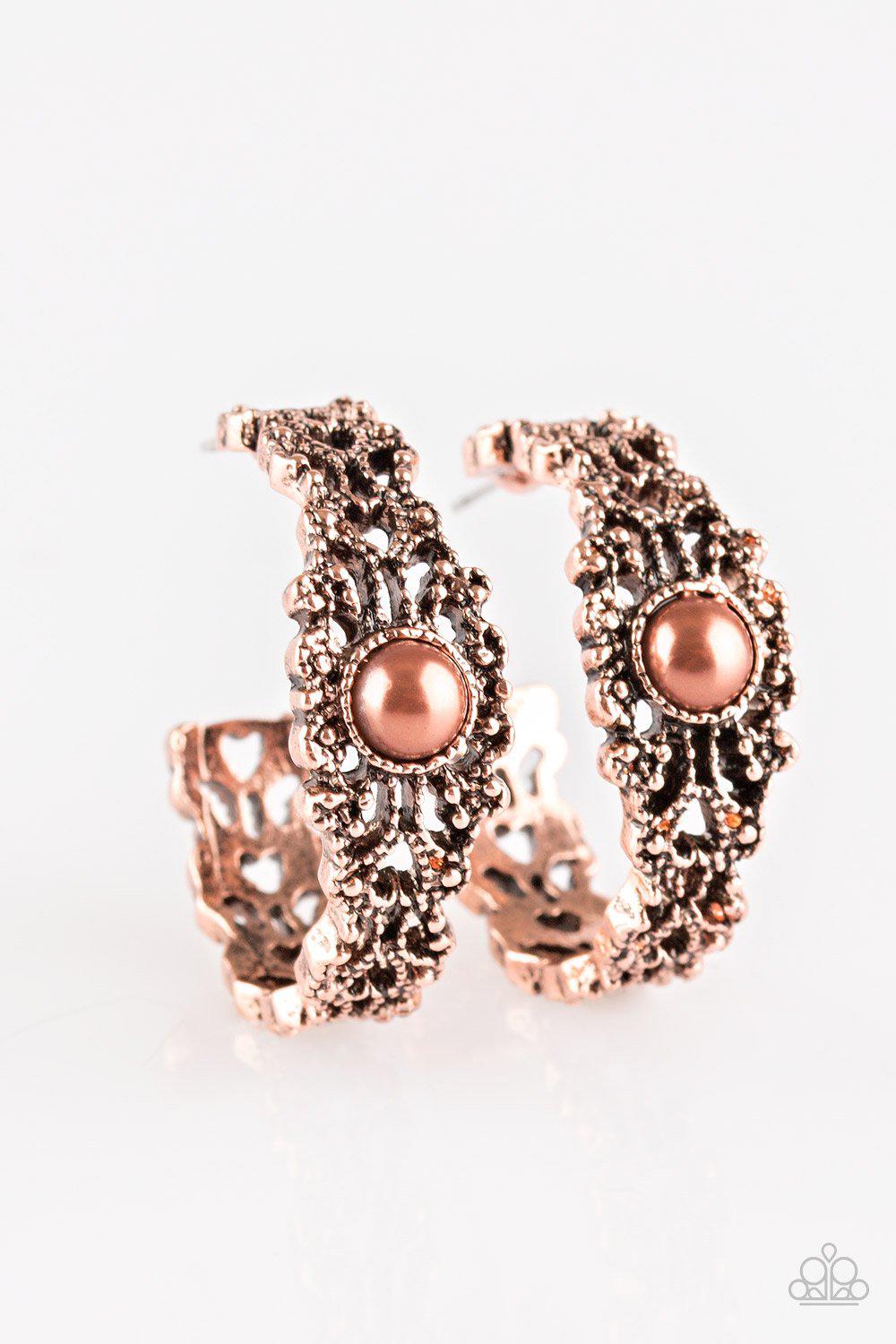 Exquisite Expense Copper Hoop Earrings - Paparazzi Accessories- lightbox - CarasShop.com - Paparazzi Jewelry by Cara Jewels