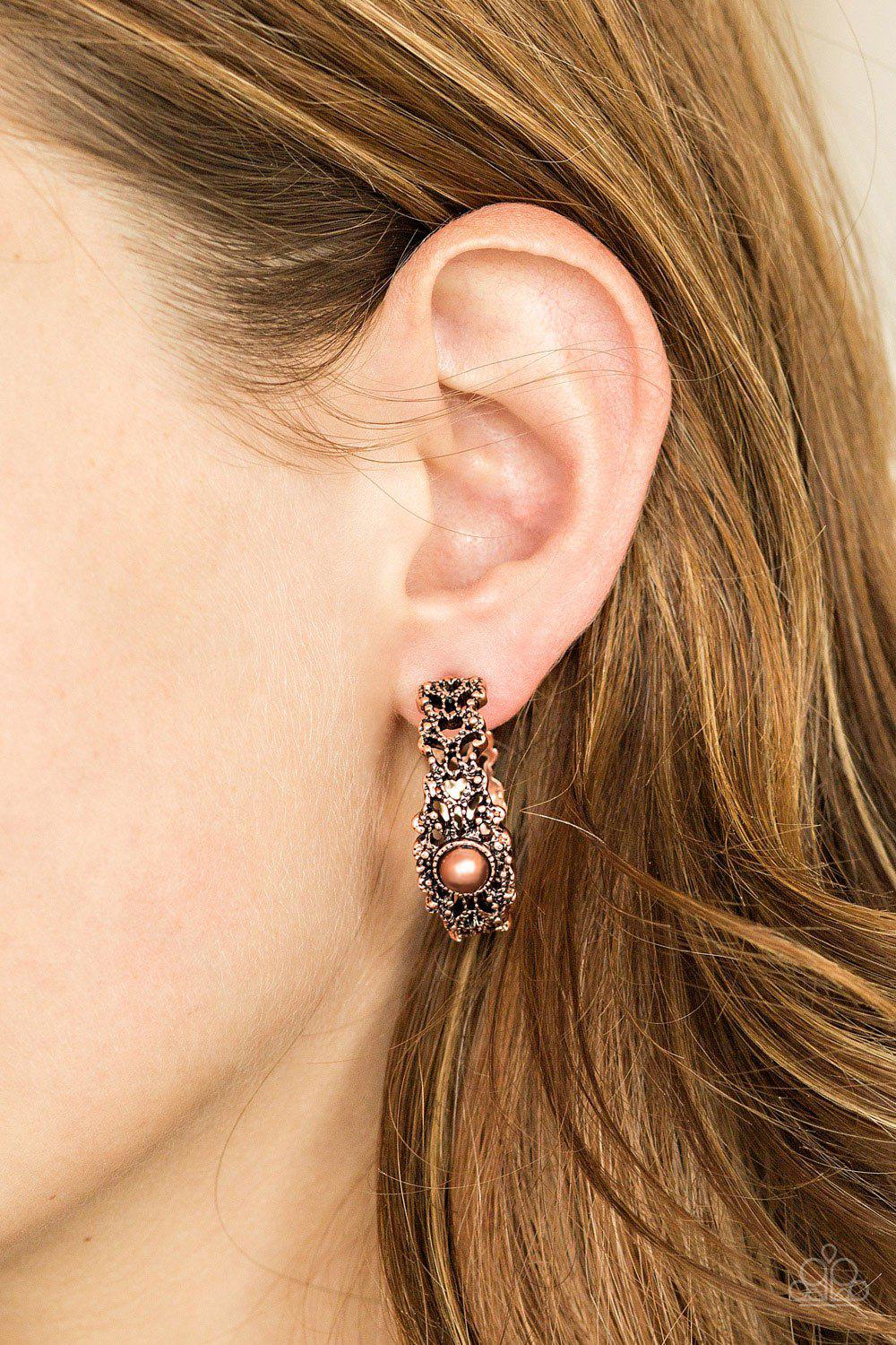 Exquisite Expense Copper Hoop Earrings - Paparazzi Accessories- on model - CarasShop.com - Paparazzi Jewelry by Cara Jewels