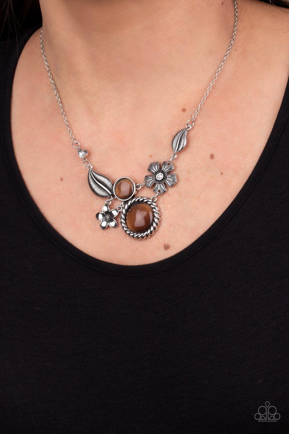Exquisitely Eden Brown Cat's Eye Stone Floral Necklace - Paparazzi Accessories- on model - CarasShop.com - Paparazzi Jewelry by Cara Jewels