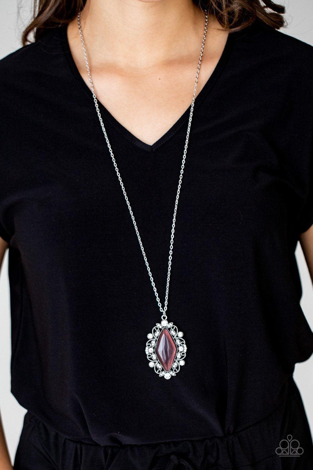 Exquisitely Enchanted Purple Cat's Eye Necklace - Paparazzi Accessories- on model - CarasShop.com - Paparazzi Jewelry by Cara Jewels