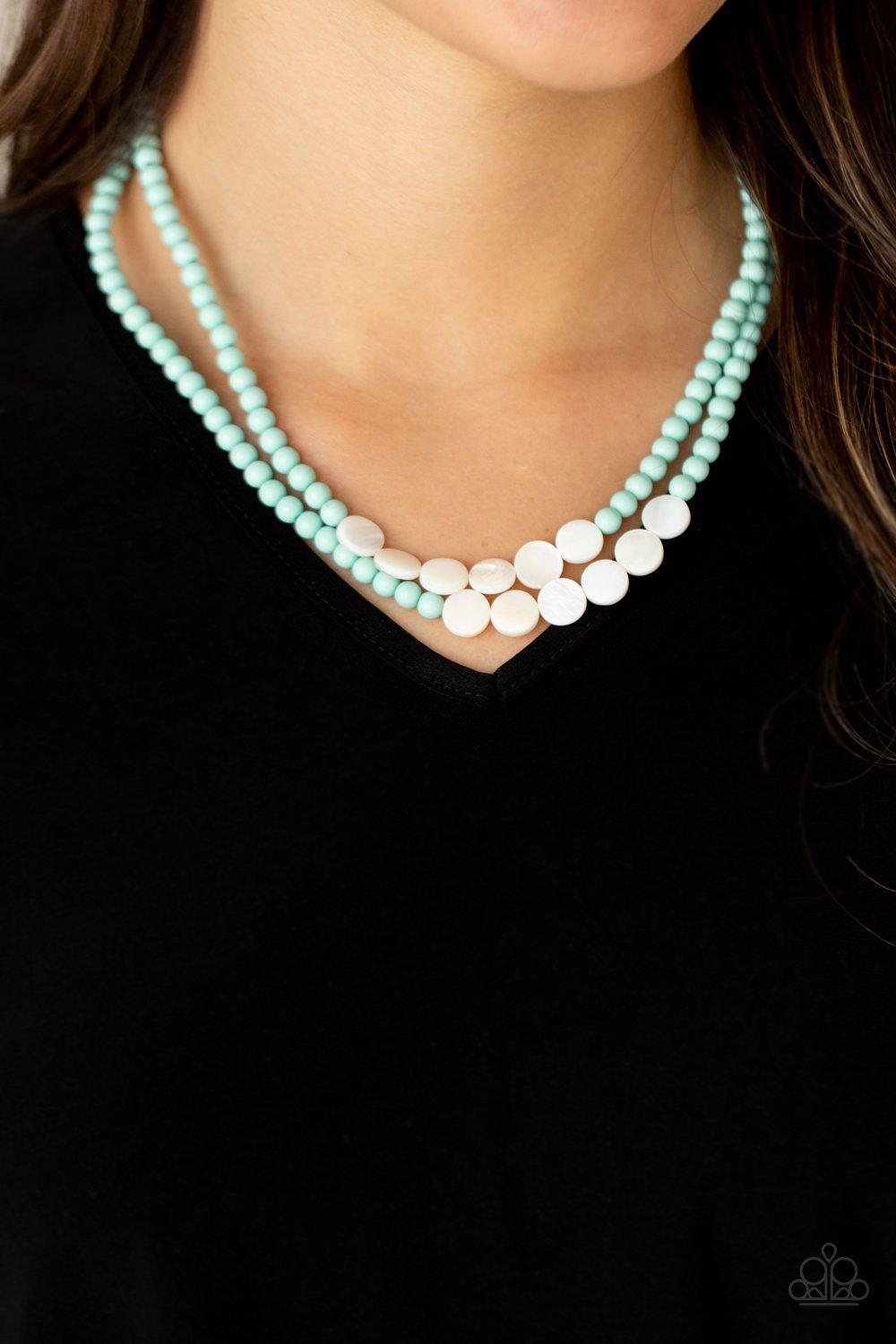Extended STAYCATION Blue and White Shell Necklace - Paparazzi Accessories- on model - CarasShop.com - Paparazzi Jewelry by Cara Jewels