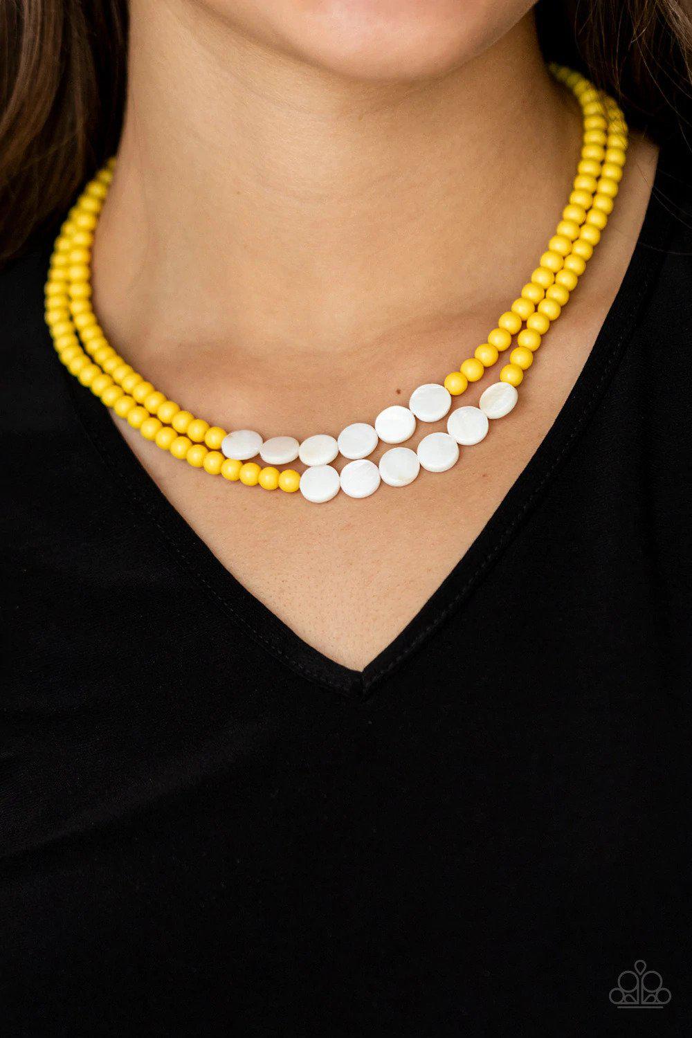 Extended STAYCATION Yellow Necklace - Paparazzi Accessories- on model - CarasShop.com - Paparazzi Jewelry by Cara Jewels