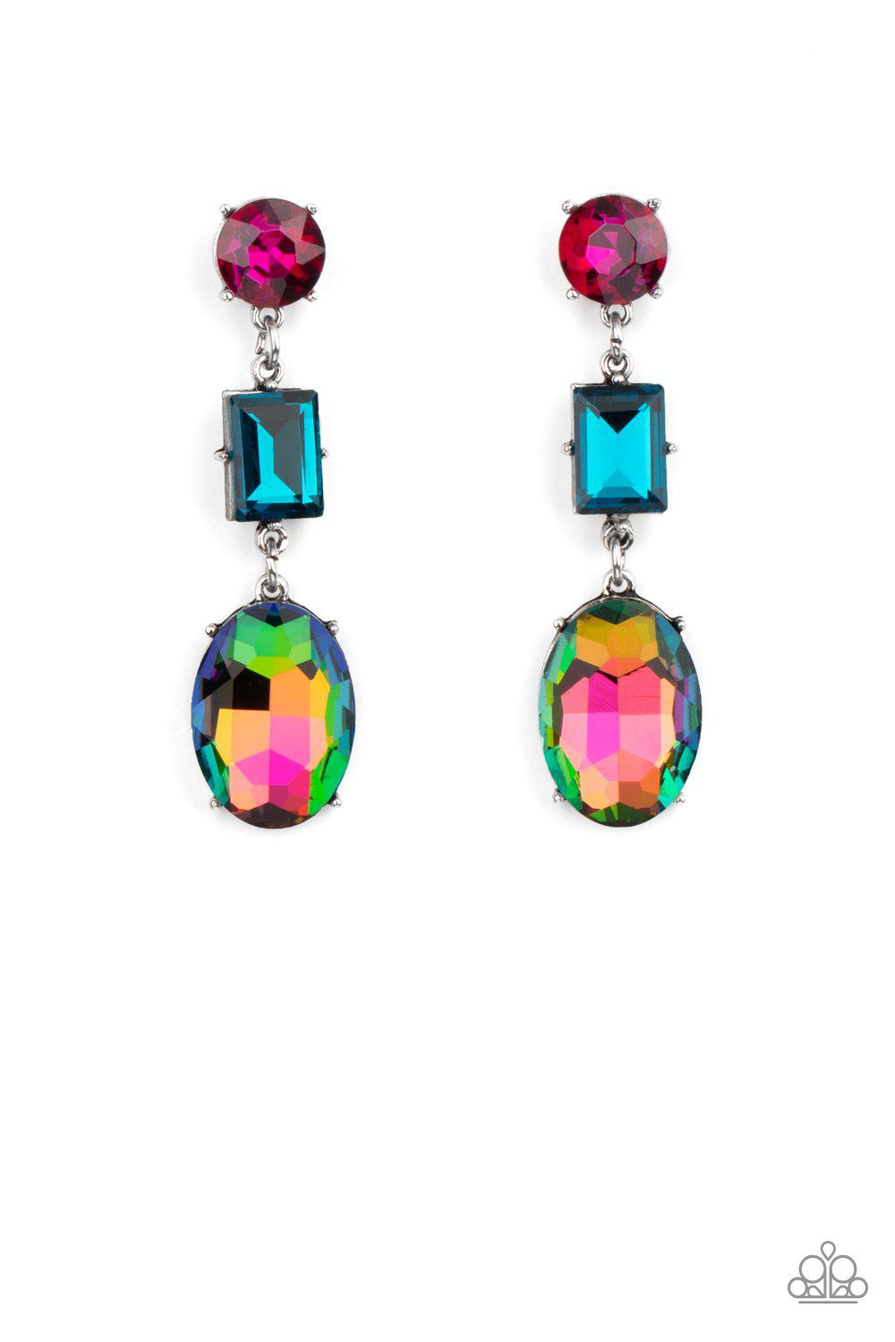 Extra Envious Multi Pink, Blue and Oil Spill Rhinestone Earrings - Paparazzi Accessories- lightbox - CarasShop.com - Paparazzi Jewelry by Cara Jewels