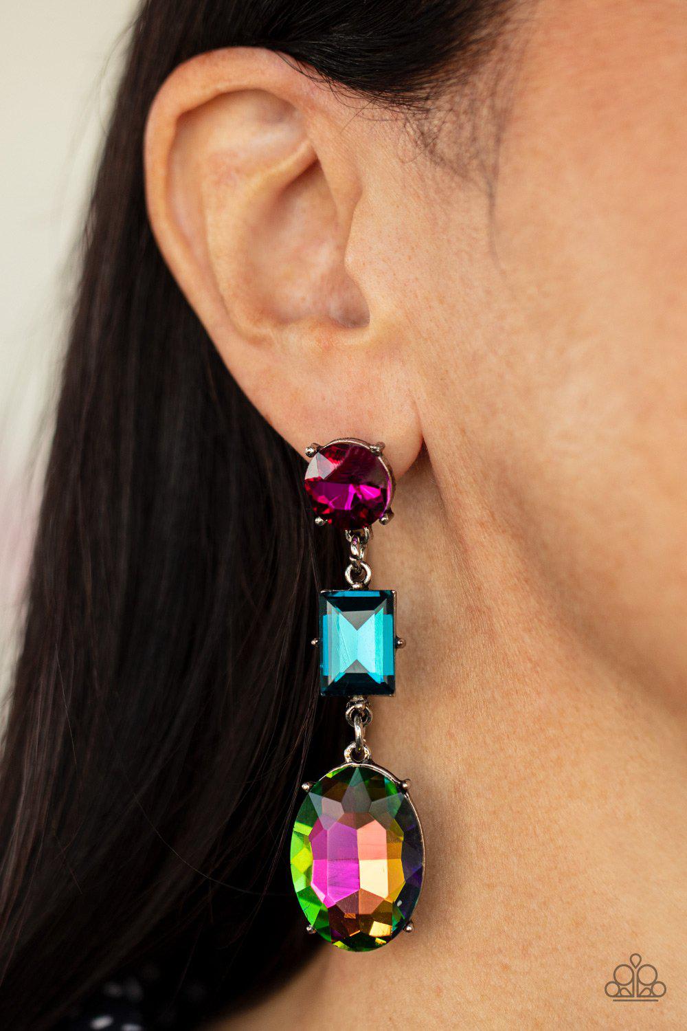 Extra Envious Multi Pink, Blue and Oil Spill Rhinestone Earrings - Paparazzi Accessories- on model - CarasShop.com - Paparazzi Jewelry by Cara Jewels