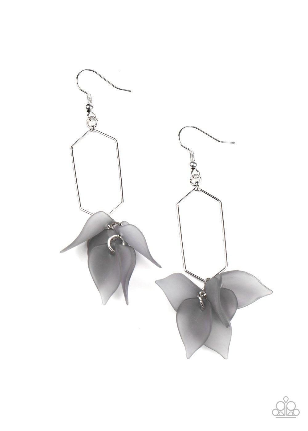 Extra Ethereal Silver Acrylic Flower Petal Earrings - Paparazzi Accessories- lightbox - CarasShop.com - Paparazzi Jewelry by Cara Jewels