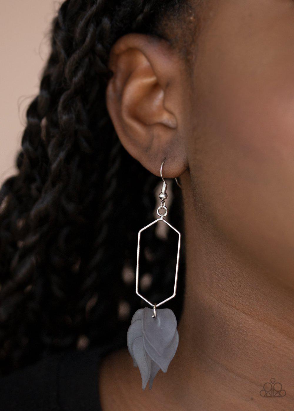 Extra Ethereal Silver Acrylic Flower Petal Earrings - Paparazzi Accessories- on model - CarasShop.com - Paparazzi Jewelry by Cara Jewels