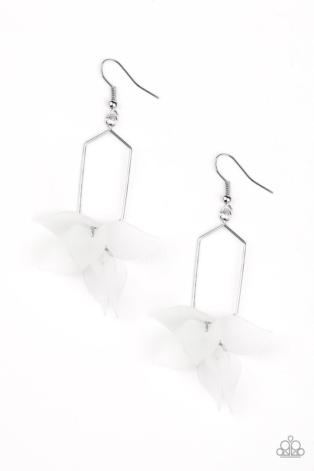 Extra Ethereal White Acrylic Flower Petal Earrings - Paparazzi Accessories- lightbox - CarasShop.com - Paparazzi Jewelry by Cara Jewels