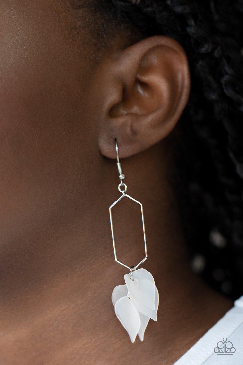 Extra Ethereal White Acrylic Flower Petal Earrings - Paparazzi Accessories- on model - CarasShop.com - Paparazzi Jewelry by Cara Jewels