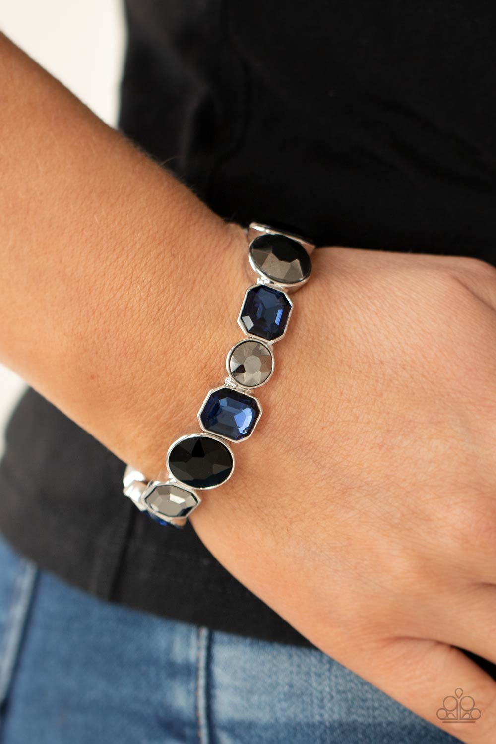 Extra Exposure Multi Blue, Black and Hematite Rhinestone Bracelet - Paparazzi Accessories- on model - CarasShop.com - Paparazzi Jewelry by Cara Jewels