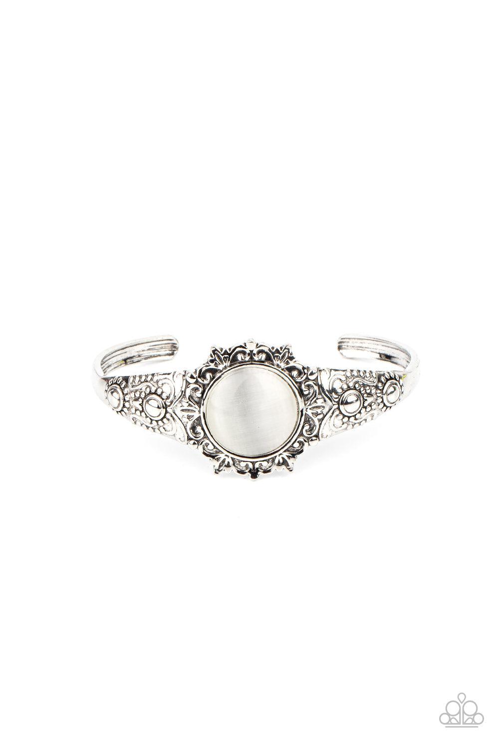 Extravagantly Enchanting White Cat's Eye Cuff Bracelet - Paparazzi Accessories- lightbox - CarasShop.com - Paparazzi Jewelry by Cara Jewels