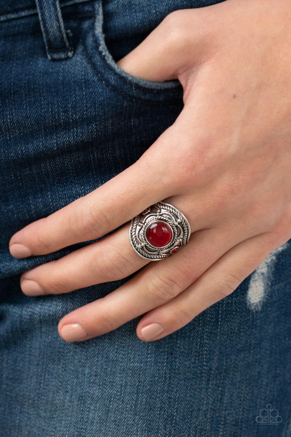Exuberant Escapade Red Cat's Eye Ring - Paparazzi Accessories- on model - CarasShop.com - Paparazzi Jewelry by Cara Jewels