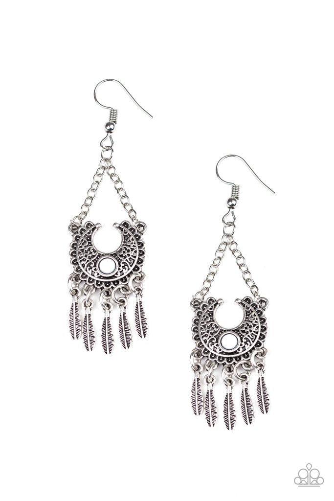 Fabulously Feathered White and Silver Earrings - Paparazzi Accessories- lightbox - CarasShop.com - Paparazzi Jewelry by Cara Jewels