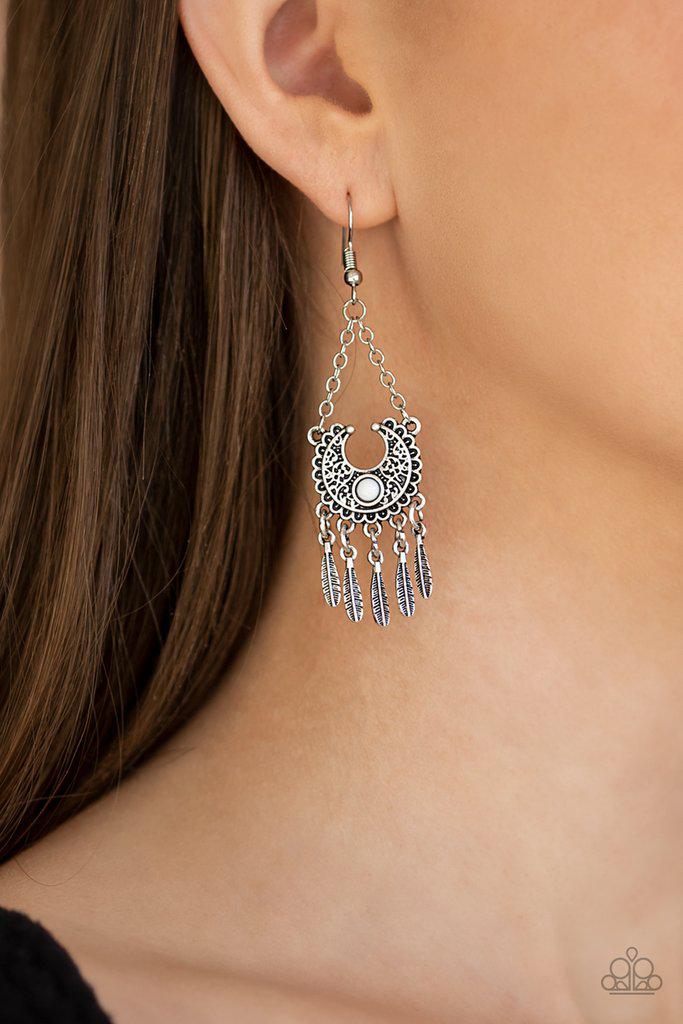 Fabulously Feathered White and Silver Earrings - Paparazzi Accessories- on model - CarasShop.com - Paparazzi Jewelry by Cara Jewels