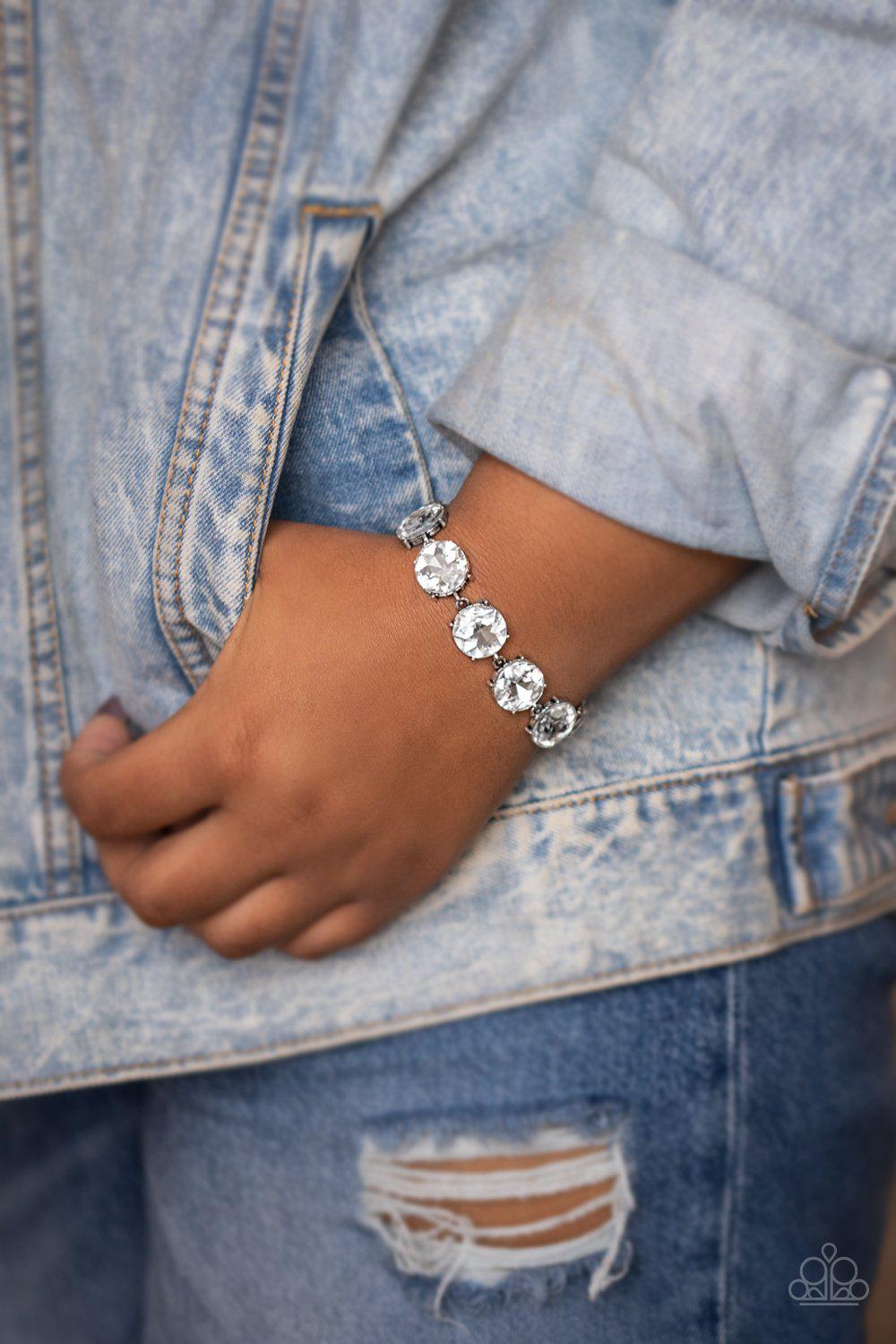 Fabulously Flashy White Rhinestone Bracelet - Paparazzi Accessories- on model - CarasShop.com - Paparazzi Jewelry by Cara Jewels