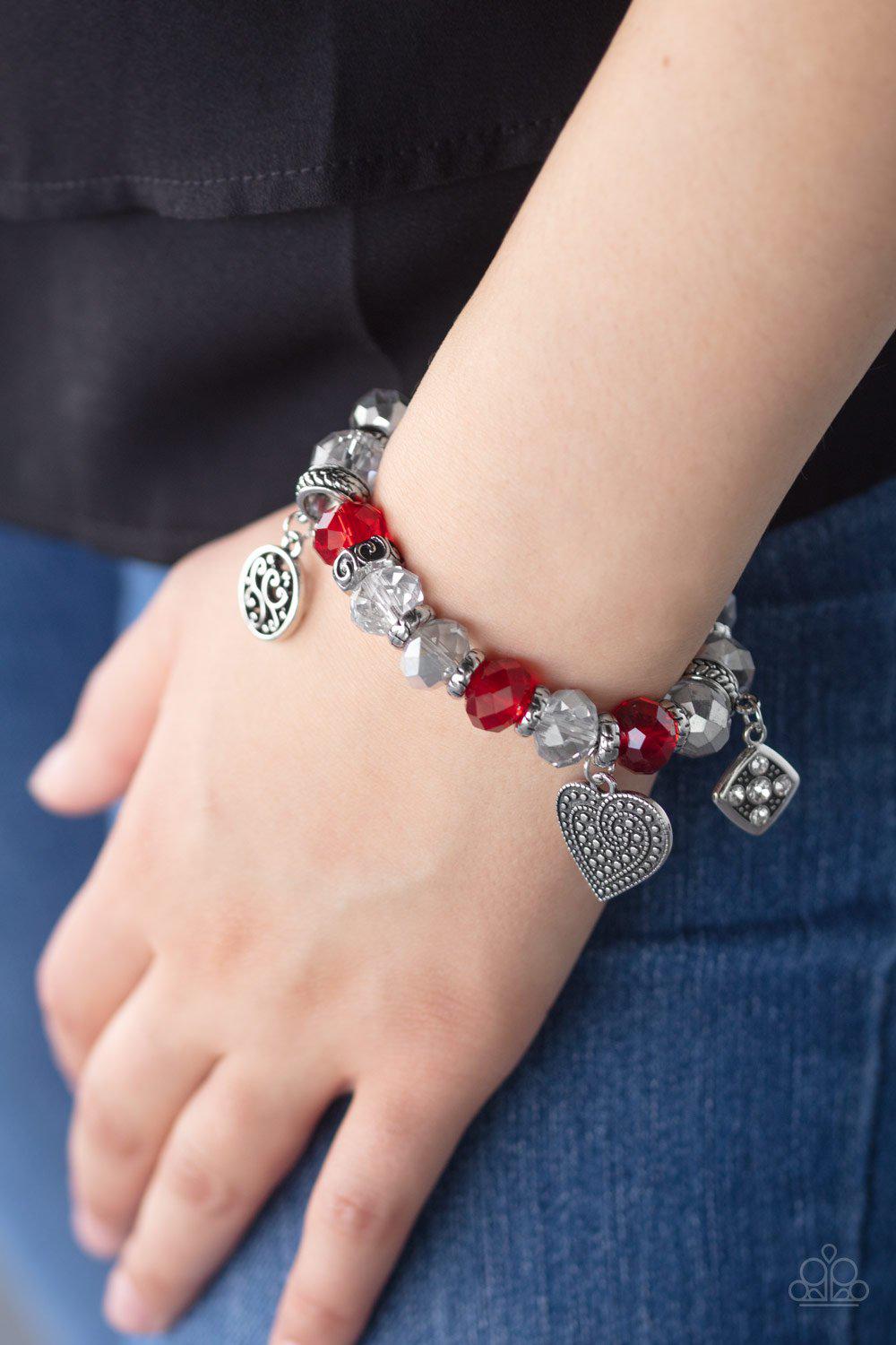 Fabulously Flirty Red and Silver Heart Bracelet - Paparazzi Accessories- on model - CarasShop.com - Paparazzi Jewelry by Cara Jewels