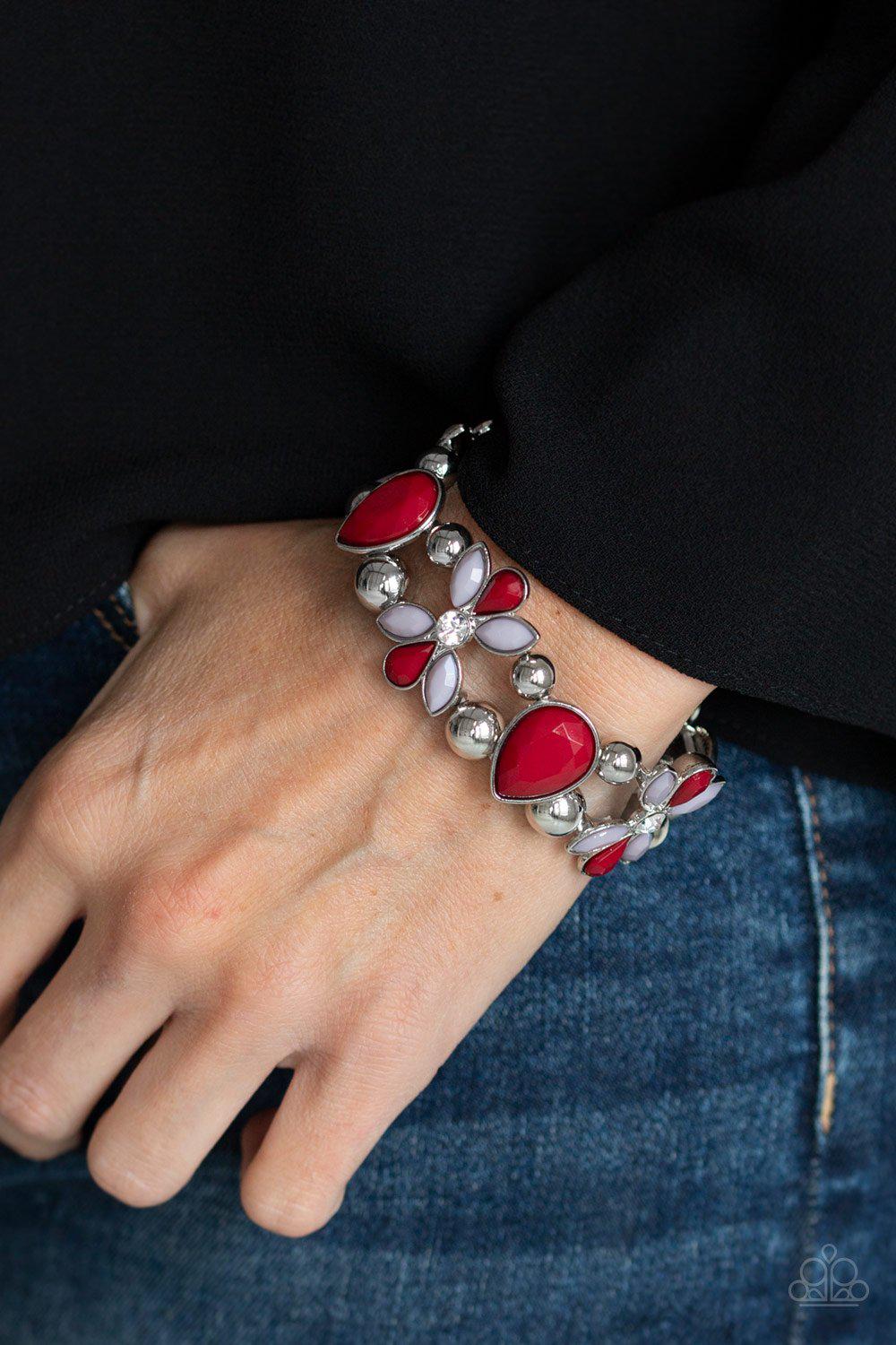 Fabulously Flourishing Red and Silver Bracelet - Paparazzi Accessories- on model - CarasShop.com - Paparazzi Jewelry by Cara Jewels