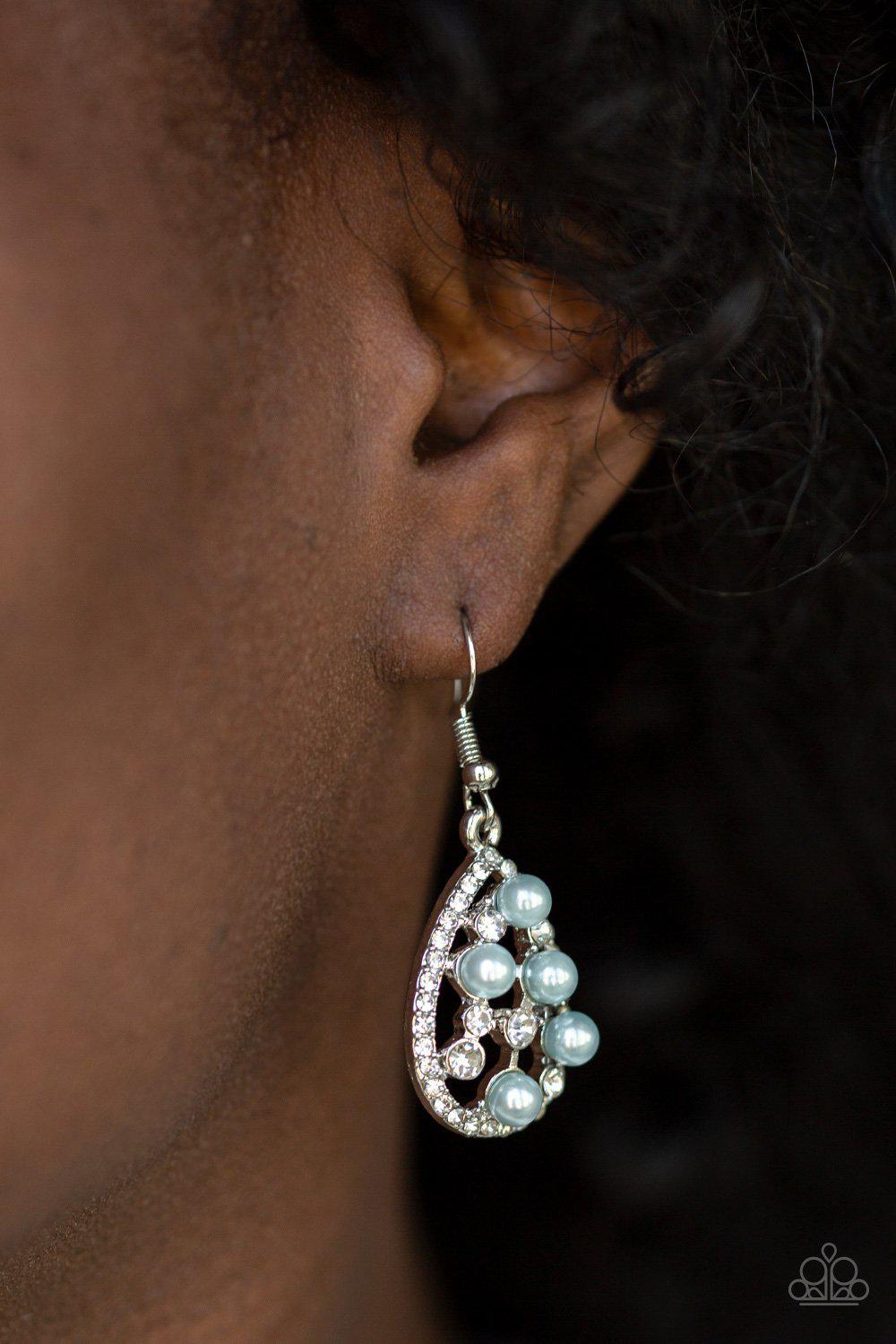 Fabulously Wealthy Blue Pearl Teardrop Earrings - Paparazzi Accessories- on model - CarasShop.com - Paparazzi Jewelry by Cara Jewels