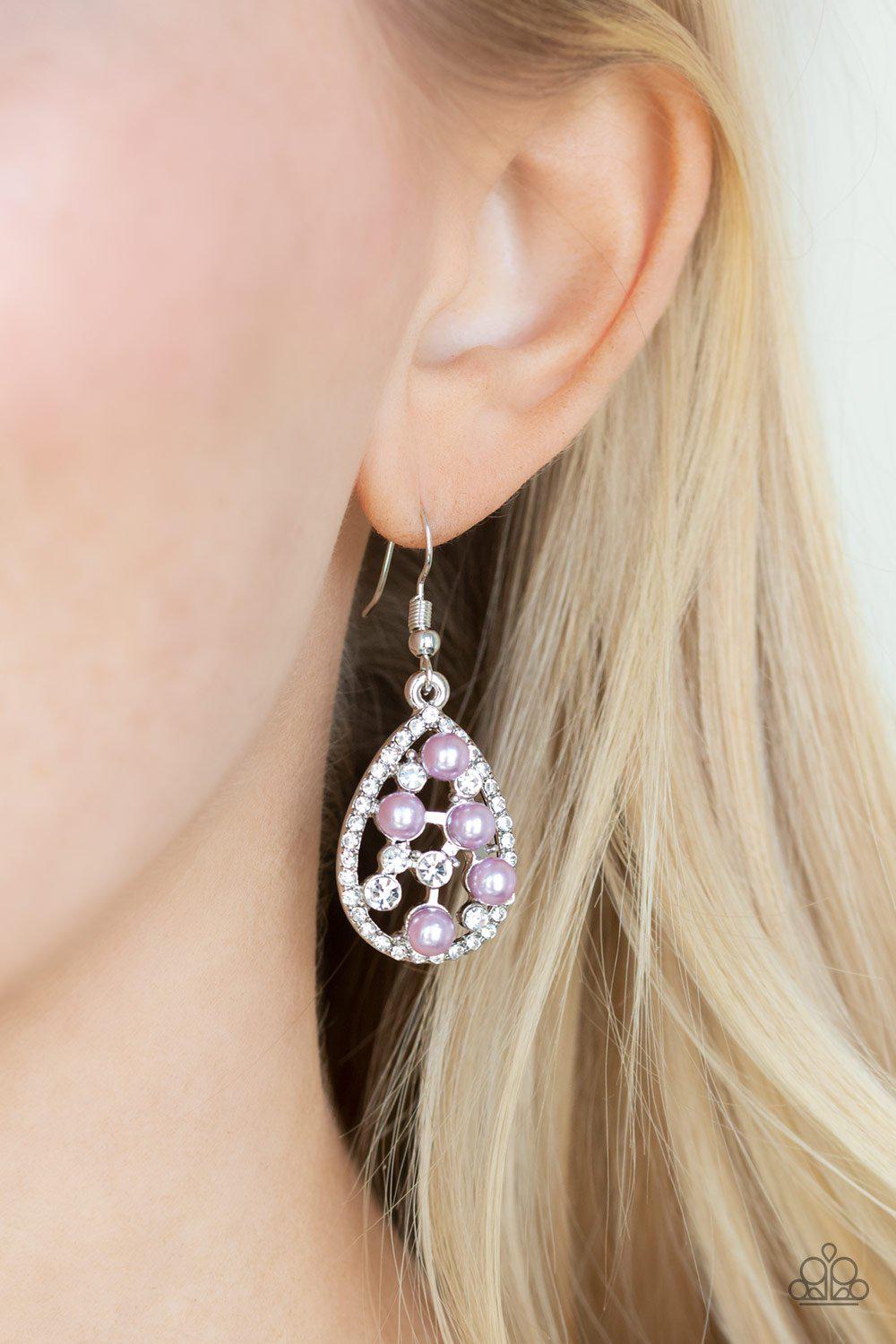 Fabulously Wealthy Purple Pearl and Rhinestone Earrings - Paparazzi Accessories- on model - CarasShop.com - Paparazzi Jewelry by Cara Jewels
