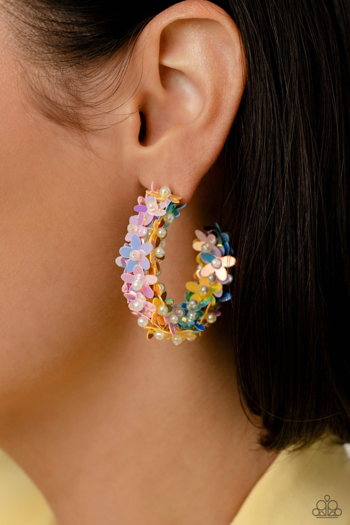 Fairy Fantasia Multi Floral Hoop Earrings - Paparazzi Accessories- on model - CarasShop.com - Paparazzi Jewelry by Cara Jewels