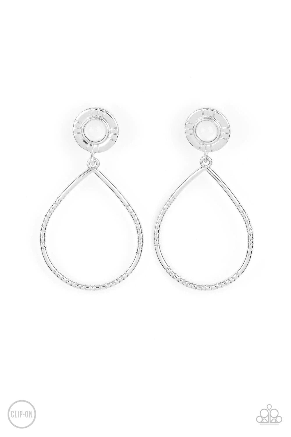 Fairytale Finish White Clip-On Earrings - Paparazzi Accessories- lightbox - CarasShop.com - Paparazzi Jewelry by Cara Jewels