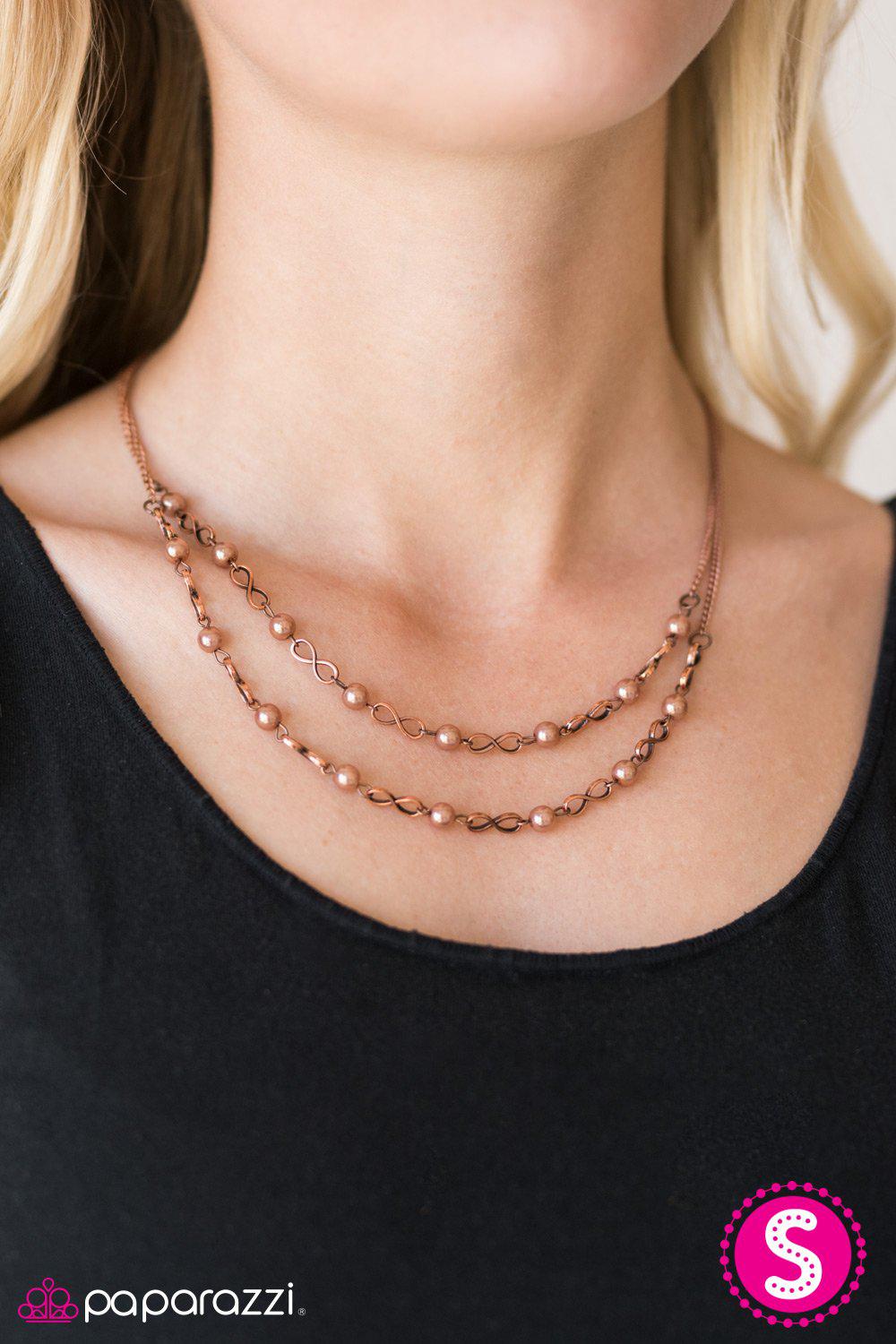 Fairytale Forevers Copper Pearl Infinity Necklace - Paparazzi Accessories- on model - CarasShop.com - Paparazzi Jewelry by Cara Jewels
