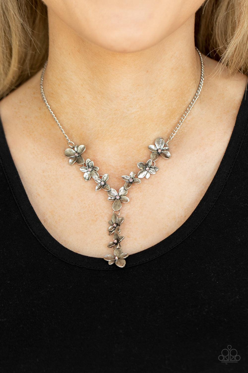 Fairytale Meadow Pink & Silver Flower Necklace - Paparazzi Accessories- on model - CarasShop.com - Paparazzi Jewelry by Cara Jewels