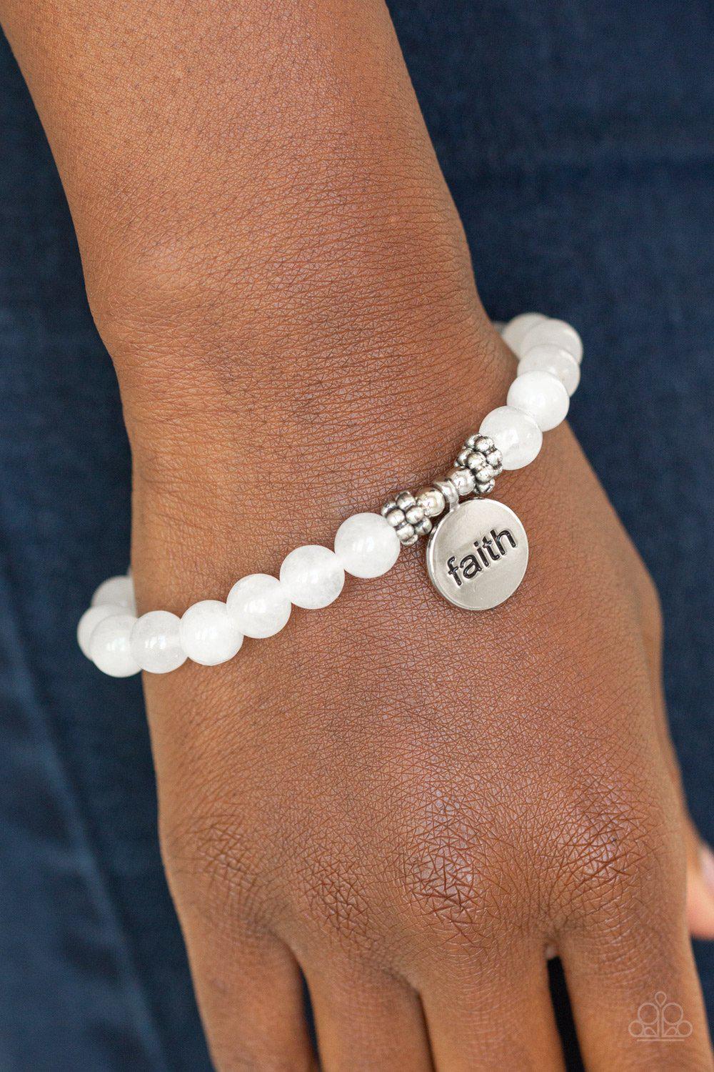 FAITH It, Till You Make It White Stone Stretch Bracelet - Paparazzi Accessories- on model - CarasShop.com - Paparazzi Jewelry by Cara Jewels