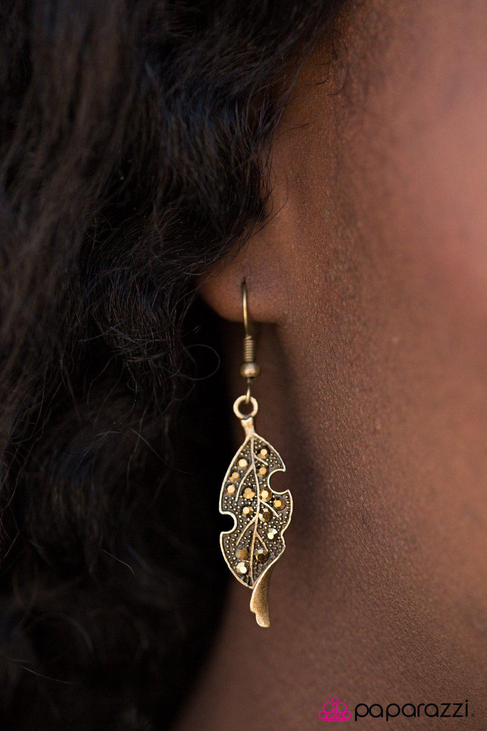 FALL-ow The Leader Brass Leaf Earrings - Paparazzi Accessories- on model - CarasShop.com - Paparazzi Jewelry by Cara Jewels