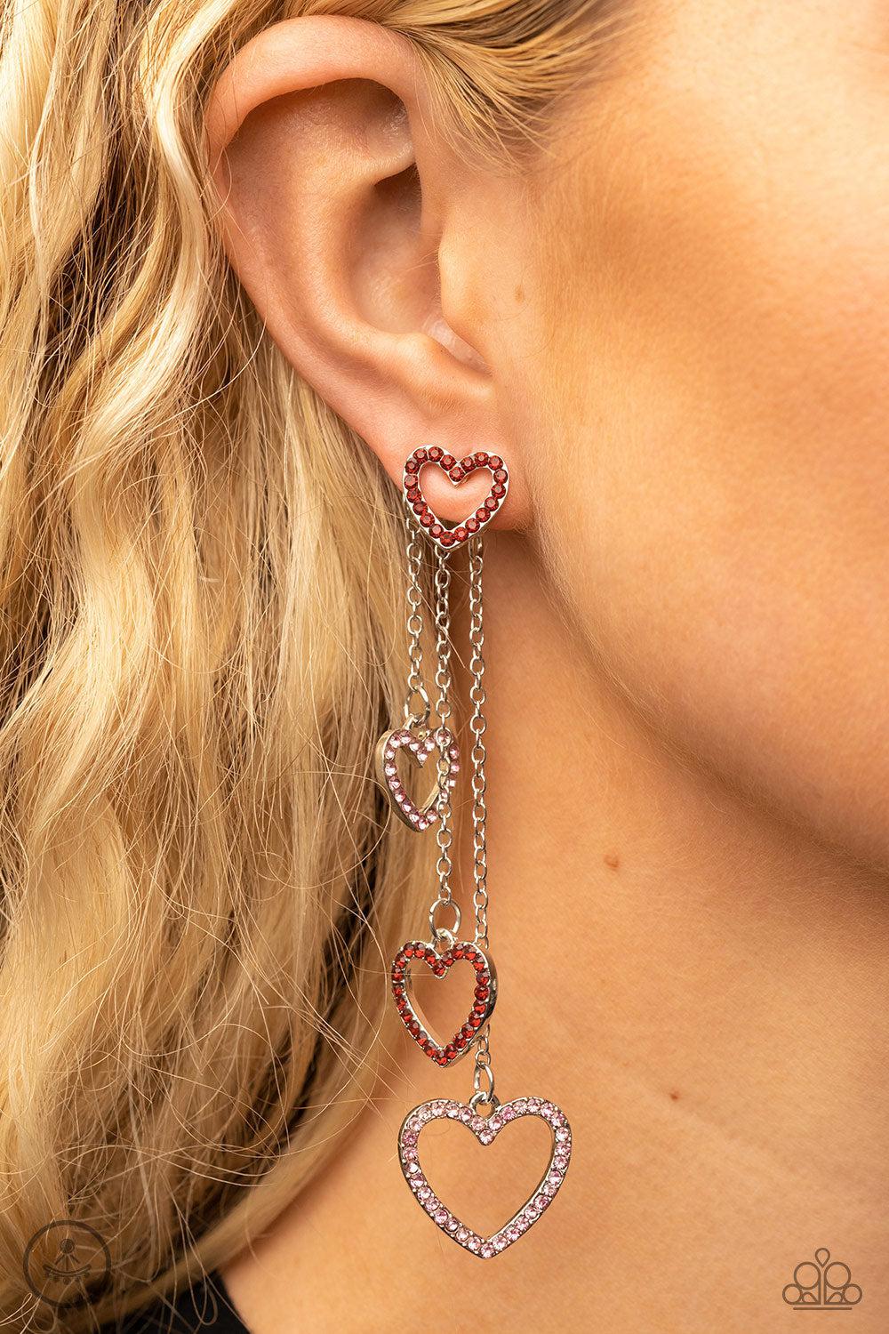 Falling In Love Multi Red and Pink Heart Jacket Earrings - Paparazzi Accessories- on model - CarasShop.com - Paparazzi Jewelry by Cara Jewels