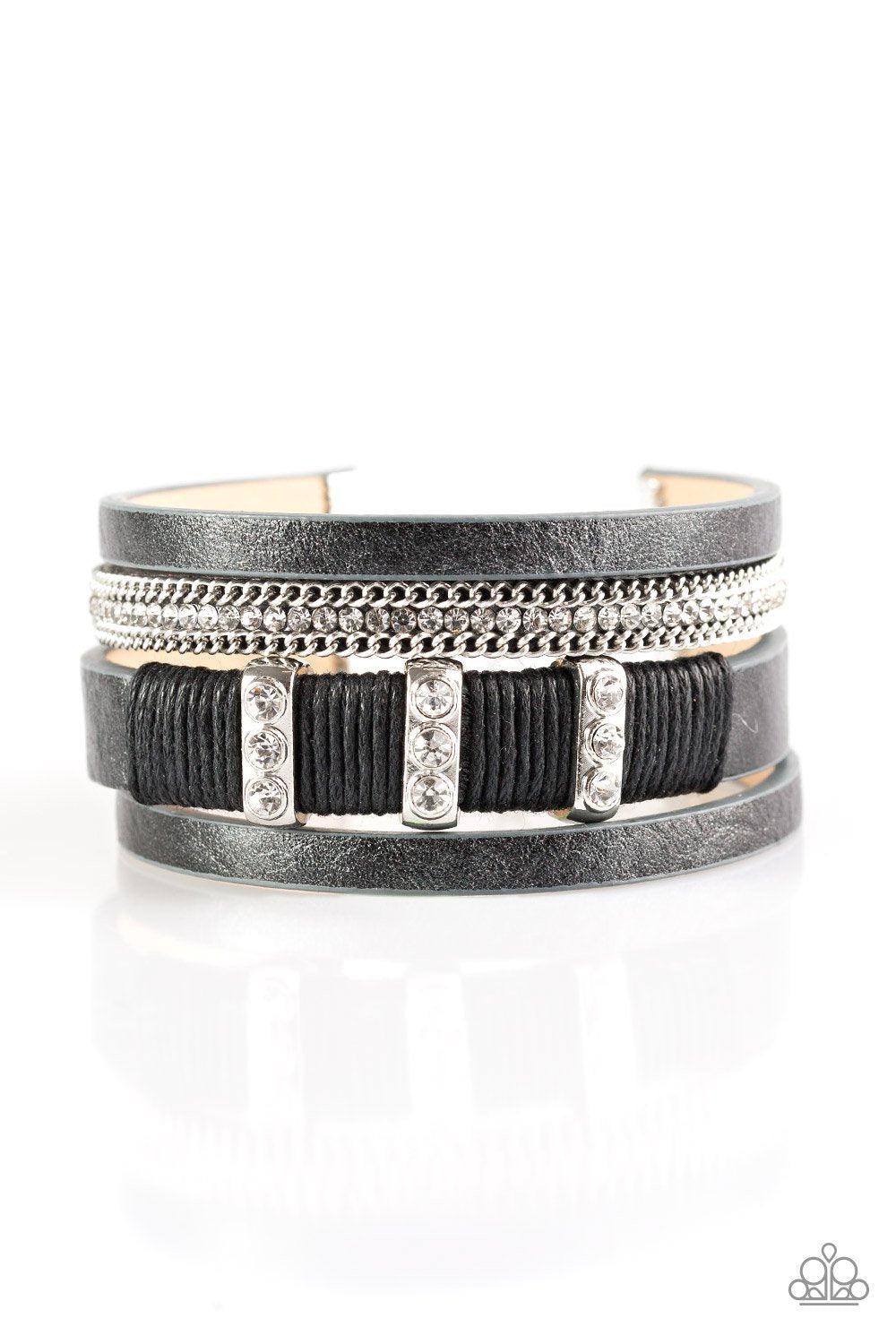 Fame Night Black Leather Bracelet - Paparazzi Accessories- lightbox - CarasShop.com - Paparazzi Jewelry by Cara Jewels