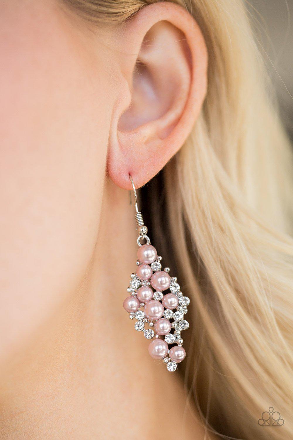 Famous Fashion Pink Pearl Earrings - Paparazzi Accessories- on model - CarasShop.com - Paparazzi Jewelry by Cara Jewels