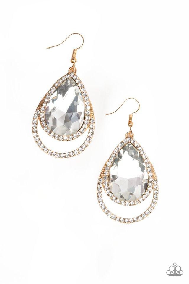 Famous Gold & Rhinestone Teardrop Earrings - Paparazzi Accessories- lightbox - CarasShop.com - Paparazzi Jewelry by Cara Jewels