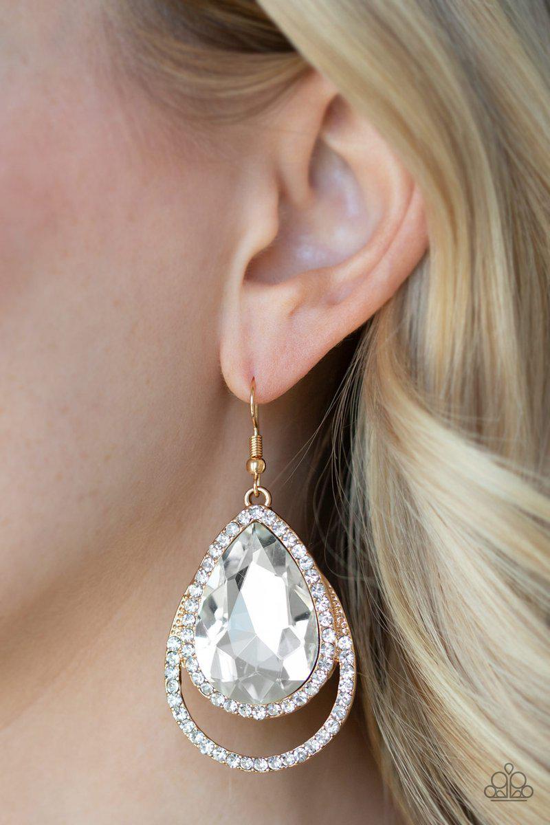 Famous Gold & Rhinestone Teardrop Earrings - Paparazzi Accessories- lightbox - CarasShop.com - Paparazzi Jewelry by Cara Jewels