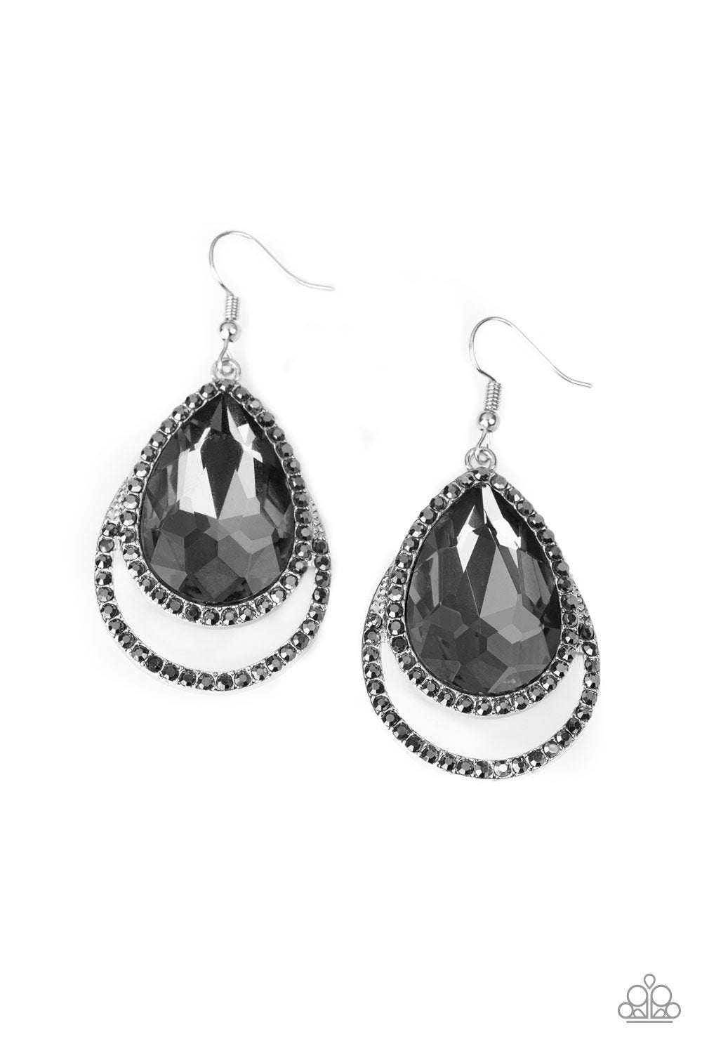 Famous Silver Rhinestone Teardrop Earrings - Paparazzi Accessories- lightbox - CarasShop.com - Paparazzi Jewelry by Cara Jewels